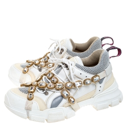 Pre Owned Gucci White Leather and Mesh Flashtrek Removable Crystals Sneakers Size 41