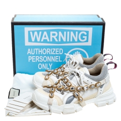 Pre Owned Gucci White Leather and Mesh Flashtrek Removable Crystals Sneakers Size 41