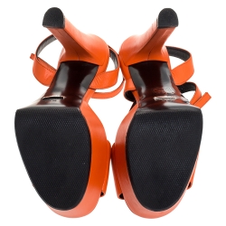 Pre Owned Gucci Orange Leather Ankle Strap Platform Open Toe Sandals Size 37.5