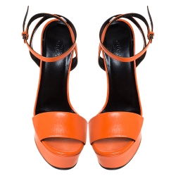 Pre Owned Gucci Orange Leather Ankle Strap Platform Open Toe Sandals Size 37.5