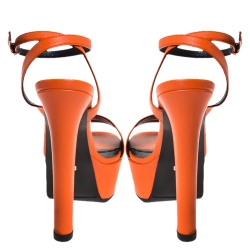 Pre Owned Gucci Orange Leather Ankle Strap Platform Open Toe Sandals Size 37.5