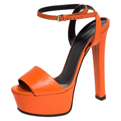 Pre Owned Gucci Orange Leather Ankle Strap Platform Open Toe Sandals Size 37.5