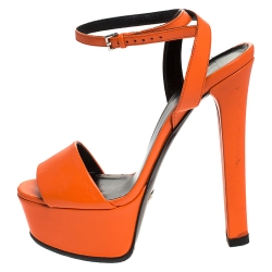 Pre Owned Gucci Orange Leather Ankle Strap Platform Open Toe Sandals Size 37.5