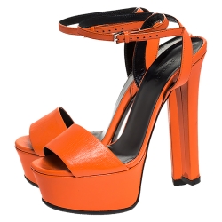 Pre Owned Gucci Orange Leather Ankle Strap Platform Open Toe Sandals Size 37.5