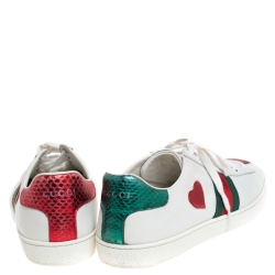 Gucci White Leather Ace Web Heart Detail Lace Up Sneaker Size 39.5