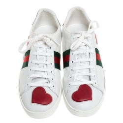 Gucci White Leather Ace Web Heart Detail Lace Up Sneaker Size 39.5