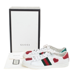 Gucci White Leather Ace Web Heart Detail Lace Up Sneaker Size 39.5