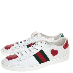 Gucci White Leather Ace Web Heart Detail Lace Up Sneaker Size 39.5