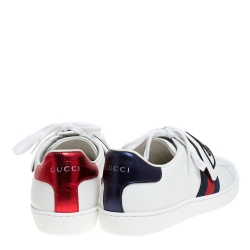 Pre Owned حذاء رياضي غوتشي بقصات قابلة للفصل حافة منخفضة ويب جلد أبيض مقاس 44.5