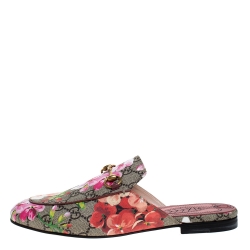 Pre Owned Gucci Begie Blooms Print GG Supreme Canvas Princetown Hosrebit Flat Mules Size 38