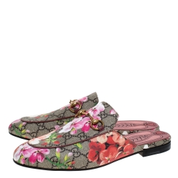 Pre Owned Gucci Begie Blooms Print GG Supreme Canvas Princetown Hosrebit Flat Mules Size 38