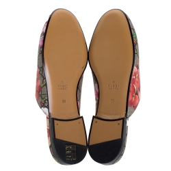 Pre Owned Gucci Begie Blooms Print GG Supreme Canvas Princetown Hosrebit Flat Mules Size 38