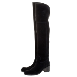 Pre Owned Gucci Black Suede GG Knee Length Boots Size 39