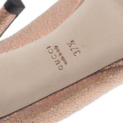 Pre Owned Gucci Gold Metallic Crackled Leather New Hollywood Horsebit Pumps Size 37.5