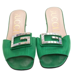 مملوكة مسبقًا Gucci Green Satin Crystal G Slide Sandals Size 40.5