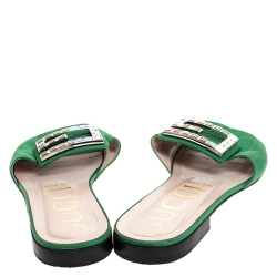 مملوكة مسبقًا Gucci Green Satin Crystal G Slide Sandals Size 40.5