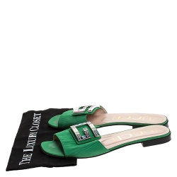 مملوكة مسبقًا Gucci Green Satin Crystal G Slide Sandals Size 40.5