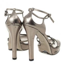 Pre Owned Gucci Grey Leather Ankle Strap Platform Sandals Size 41