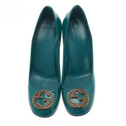 Pre Owned Gucci Blue Patent Interlocking Studded G Pumps Size 39
