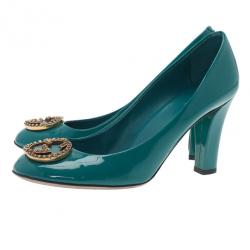 Pre Owned Gucci Blue Patent Interlocking Studded G Pumps Size 39