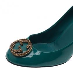 Pre Owned Gucci Blue Patent Interlocking Studded G Pumps Size 39