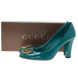Pre Owned Gucci Blue Patent Interlocking Studded G Pumps Size 39