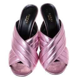 Pre Owned Gucci Metallic Pink Leather Webby Slide Sandals Size 39