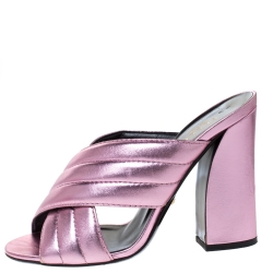 Pre Owned Gucci Metallic Pink Leather Webby Slide Sandals Size 39