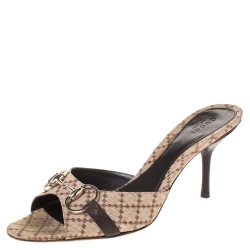 Pre Owned Gucci Beige Canvas Horsebit Open Toe Sandals Size 38.5