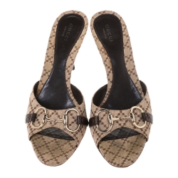 Pre Owned Gucci Beige Canvas Horsebit Open Toe Sandals Size 38.5