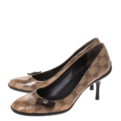 Pre Owned Gucci Beige GG Crystal Canvas Bow Pumps Size 37