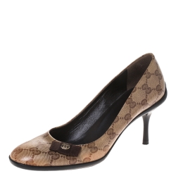Pre Owned Gucci Beige GG Crystal Canvas Bow Pumps Size 37