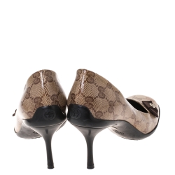 Pre Owned Gucci Beige GG Crystal Canvas Bow Pumps Size 37