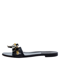 Pre Owned حذاء فلات سلايد غوتشي وشاح جلد وكانفاس حرفي الشعار جي جي أسود مقاس 38.5