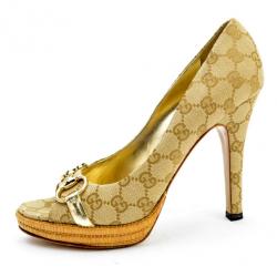 مملوكة مسبقًا Gucci Guccissima Canvas Horsebit Peep Toe Platform Pumps Size 40.5 