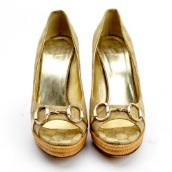 مملوكة مسبقًا Gucci Guccissima Canvas Horsebit Peep Toe Platform Pumps Size 40.5 