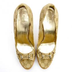 مملوكة مسبقًا Gucci Guccissima Canvas Horsebit Peep Toe Platform Pumps Size 40.5 