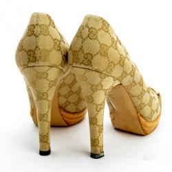 مملوكة مسبقًا Gucci Guccissima Canvas Horsebit Peep Toe Platform Pumps Size 40.5 