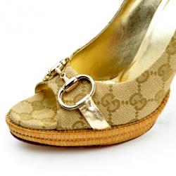 مملوكة مسبقًا Gucci Guccissima Canvas Horsebit Peep Toe Platform Pumps Size 40.5 