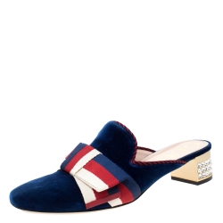 Pre Owned Gucci Blue Velvet And Canvas Sylvie Bow Crystal Embellished Heel Slip On Mules Size 39