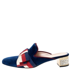 Pre Owned Gucci Blue Velvet And Canvas Sylvie Bow Crystal Embellished Heel Slip On Mules Size 39
