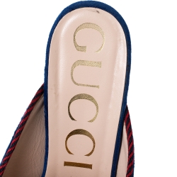Pre Owned Gucci Blue Velvet And Canvas Sylvie Bow Crystal Embellished Heel Slip On Mules Size 39