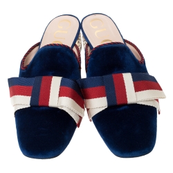 Pre Owned Gucci Blue Velvet And Canvas Sylvie Bow Crystal Embellished Heel Slip On Mules Size 39