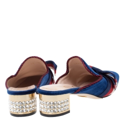 Pre Owned Gucci Blue Velvet And Canvas Sylvie Bow Crystal Embellished Heel Slip On Mules Size 39