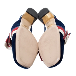 Pre Owned Gucci Blue Velvet And Canvas Sylvie Bow Crystal Embellished Heel Slip On Mules Size 39