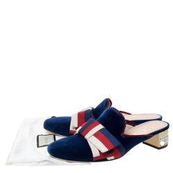 Pre Owned Gucci Blue Velvet And Canvas Sylvie Bow Crystal Embellished Heel Slip On Mules Size 39