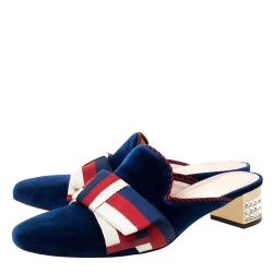 Pre Owned Gucci Blue Velvet And Canvas Sylvie Bow Crystal Embellished Heel Slip On Mules Size 39