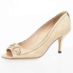 Gucci Cream Guccissima Stamped Leather Horsebit Peep Toe Pumps Size 38.5