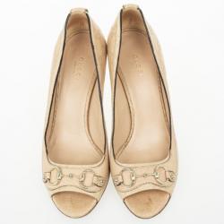 Gucci Cream Guccissima Stamped Leather Horsebit Peep Toe Pumps Size 38.5