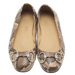 Pre Owned Gucci Beige Python Horsebit Ballet Flats Size 37.5